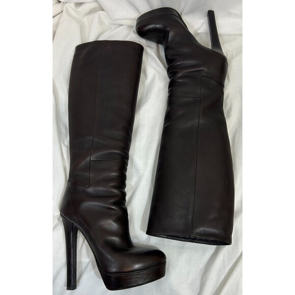 GUCCI Alexa Tall Leather Platform Boots- Dark Cocoa Brown- Knee High 38 … - Picture 1 of 15